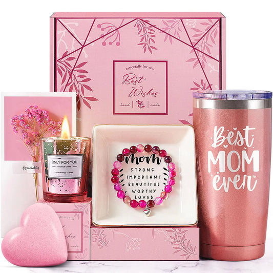 Luxury Spa Gift Basket for Mom – Elegant Mother's Day Gift from Daughter or Son | Premium Relaxation Set with Tumbler, Candle, Bracelet & Bath Bomb